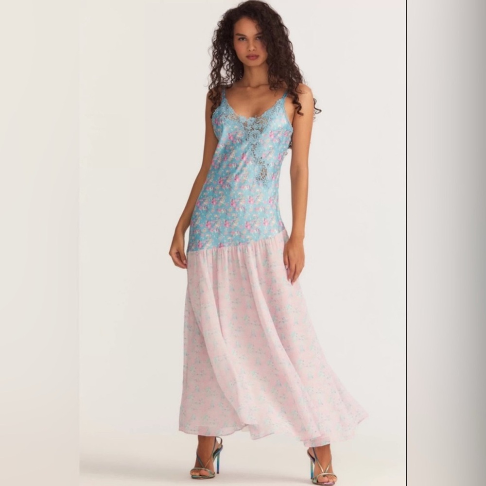 LoveShackFancy Rhoda Floral Blue and Pink Maxi Dress lace drop hem asymmetric